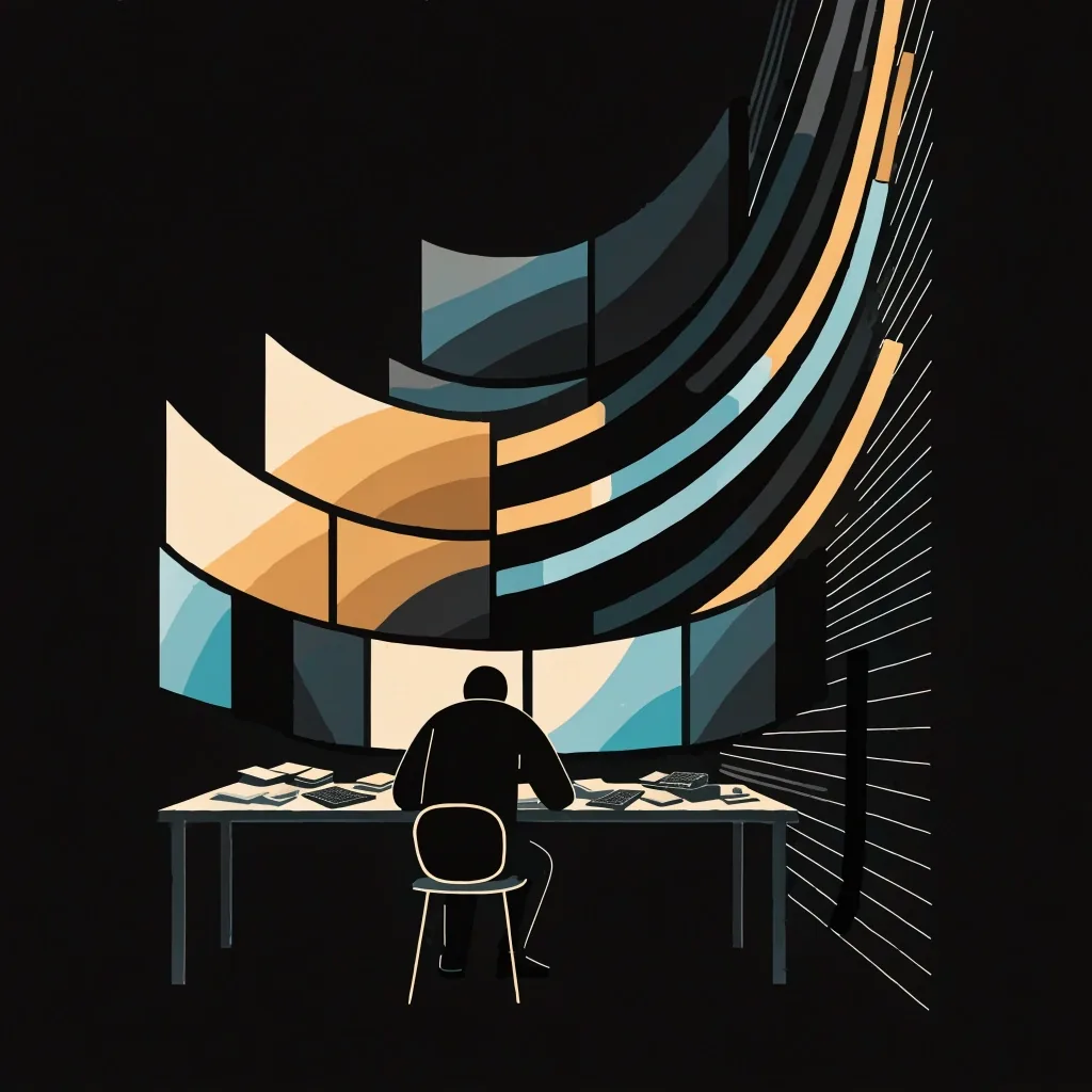 Analyst leaning toward a bank of monitors in a small night research office