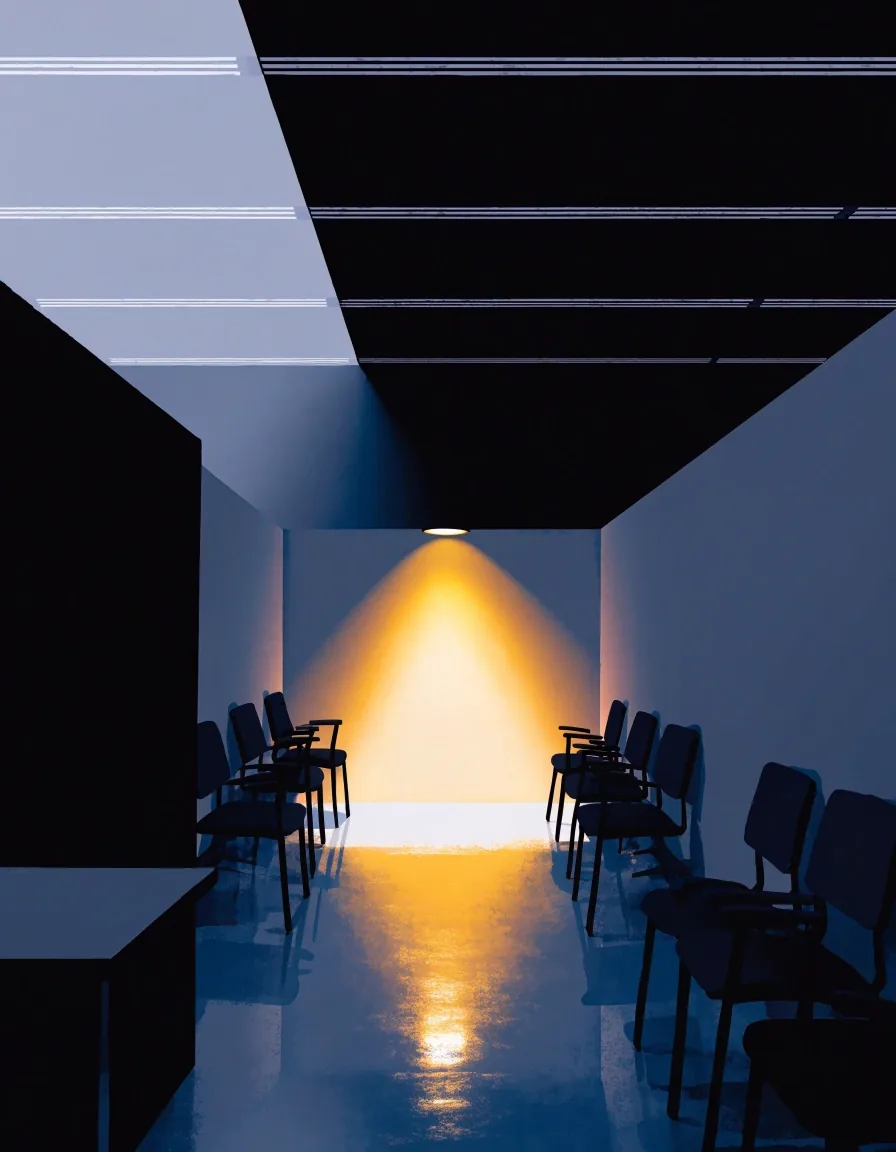 Dark after-hours office corridor with one warm light pooling on the floor