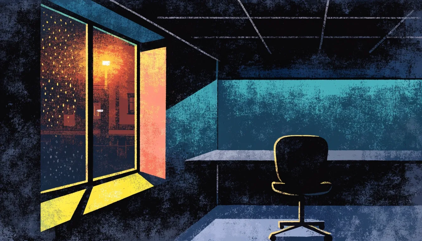 Rain-streaked night window with warm street glow over a dark desk surface