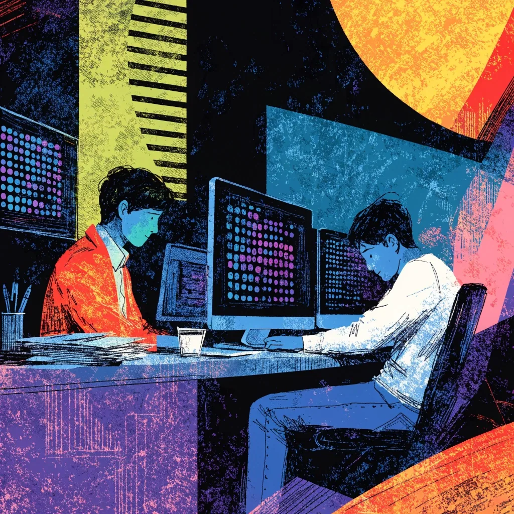 Two analysts at a night desk in a research office, monitors glowing with unreadable trace patterns