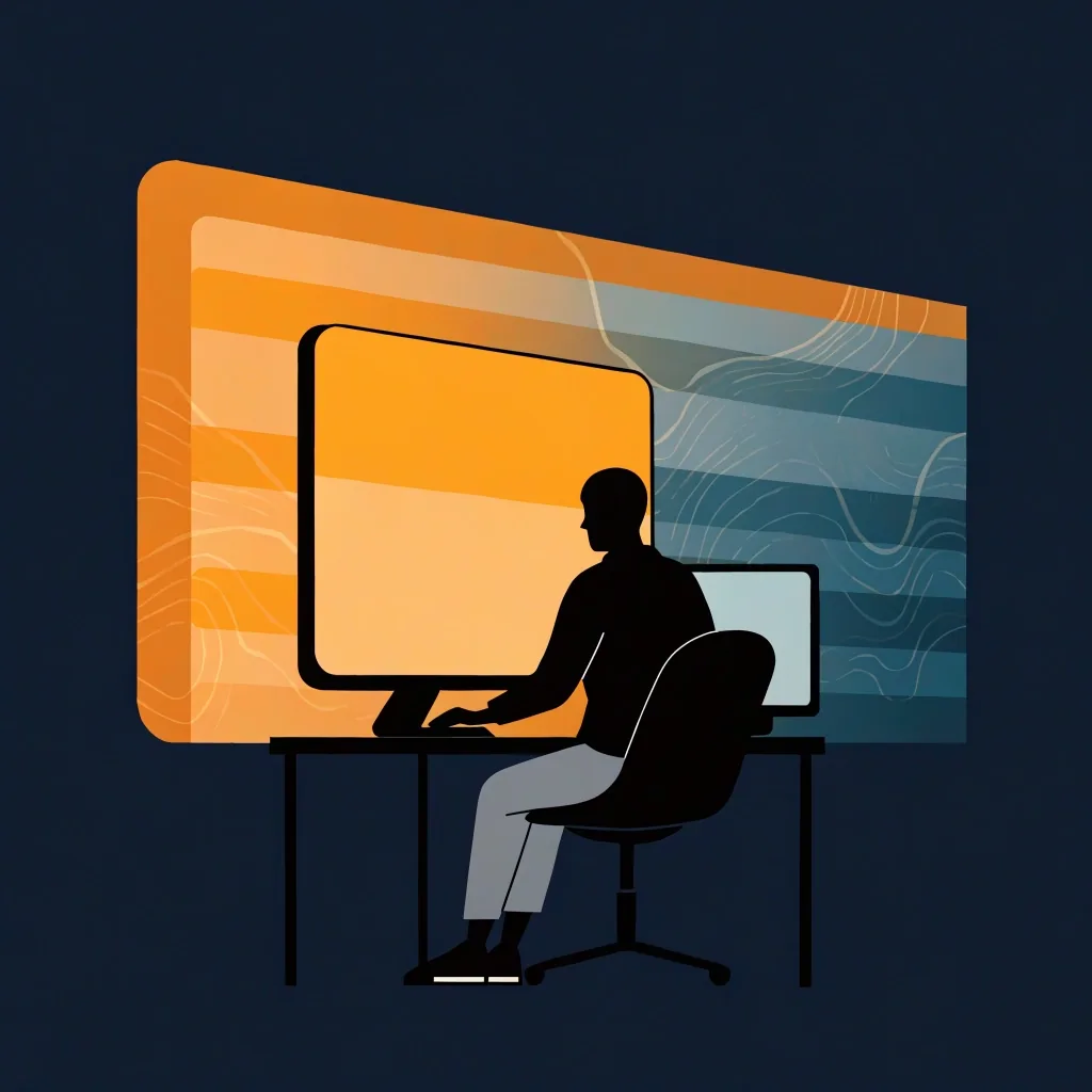 A long graphite desk at night with monitors glowing with unreadable activity traces and a keyboard in the foreground