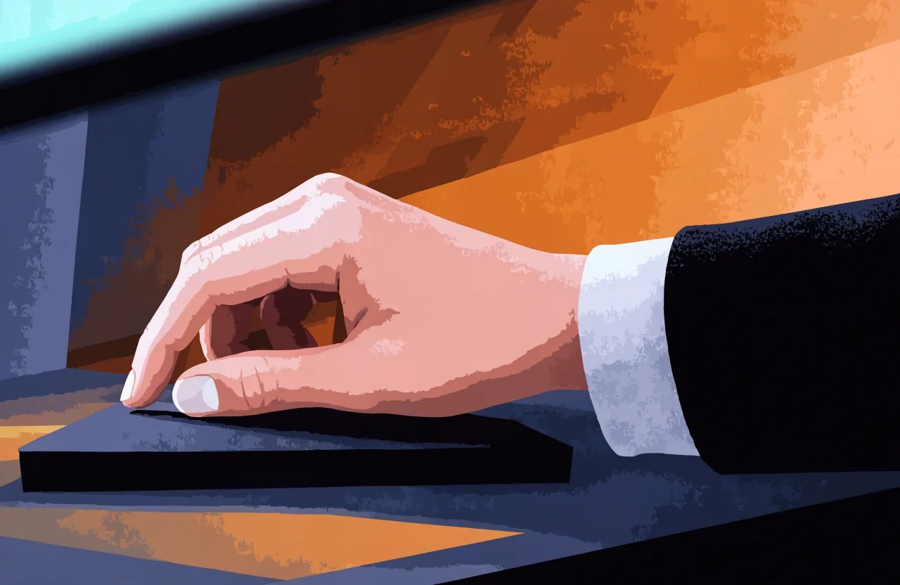 Two hands at a desk comparing a plain ruled sheet with the blurred glow of a monitor edge